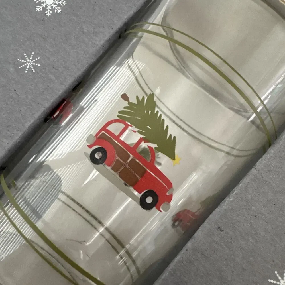 Pottery Barn Christmas Woody Car Juice Glasses Set of 4 Holiday Glassware